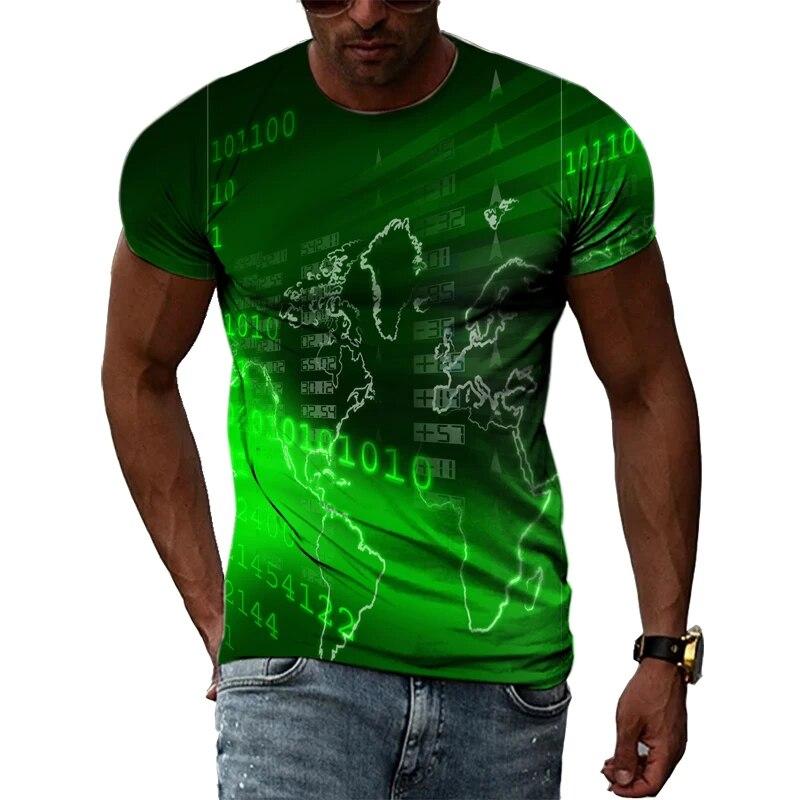 Handsome Men's Technology Element Pattern 3D T-Shirt Hip-Hop Style Casual Round Neck Tops Trendy Street Personality Clothing