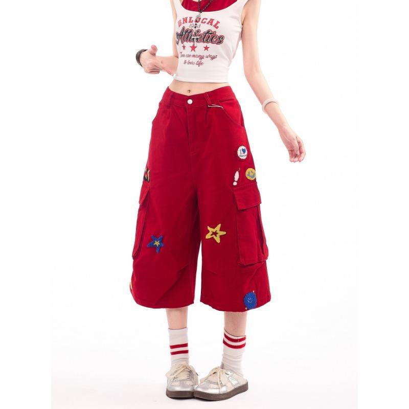 

Casual retro cartoon flocking embroidered tooling cropped pants women s summer new loose casual wide-leg shorts S красный