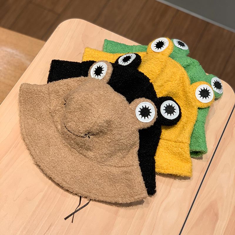 Neuer Winter Kinder-Eltern Frosch Stickerei Fischerhut Kordel Verstellbar Panama Outdoor Fischerhut Lächeln Winter Warm Bob Hut