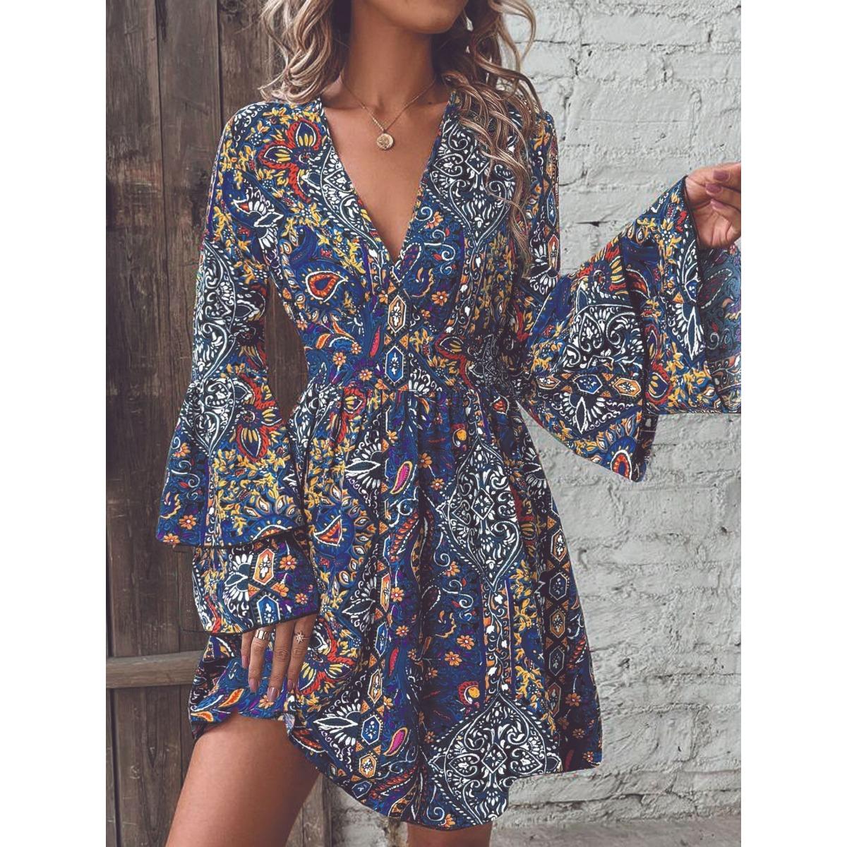 Autumn Winter New European American Women s Elegant Paisley Print V Neck Flare Sleeve Dress S синий