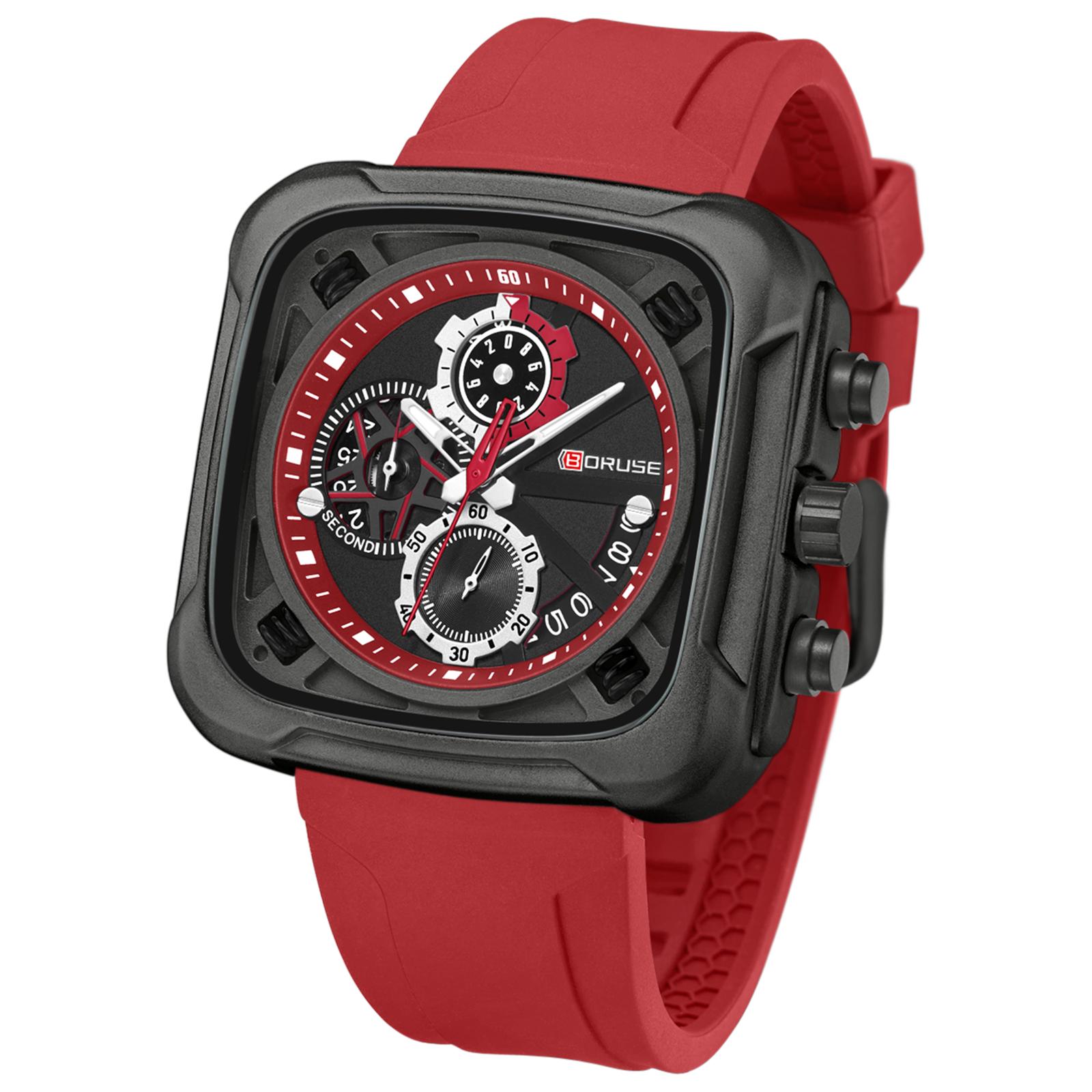 

BORUSE Классические повседневные мужские часы, часы с аналоговым календарем, мужские часы, светящиеся в темноте, с силиконовым ремешком, часы для мужчин красный