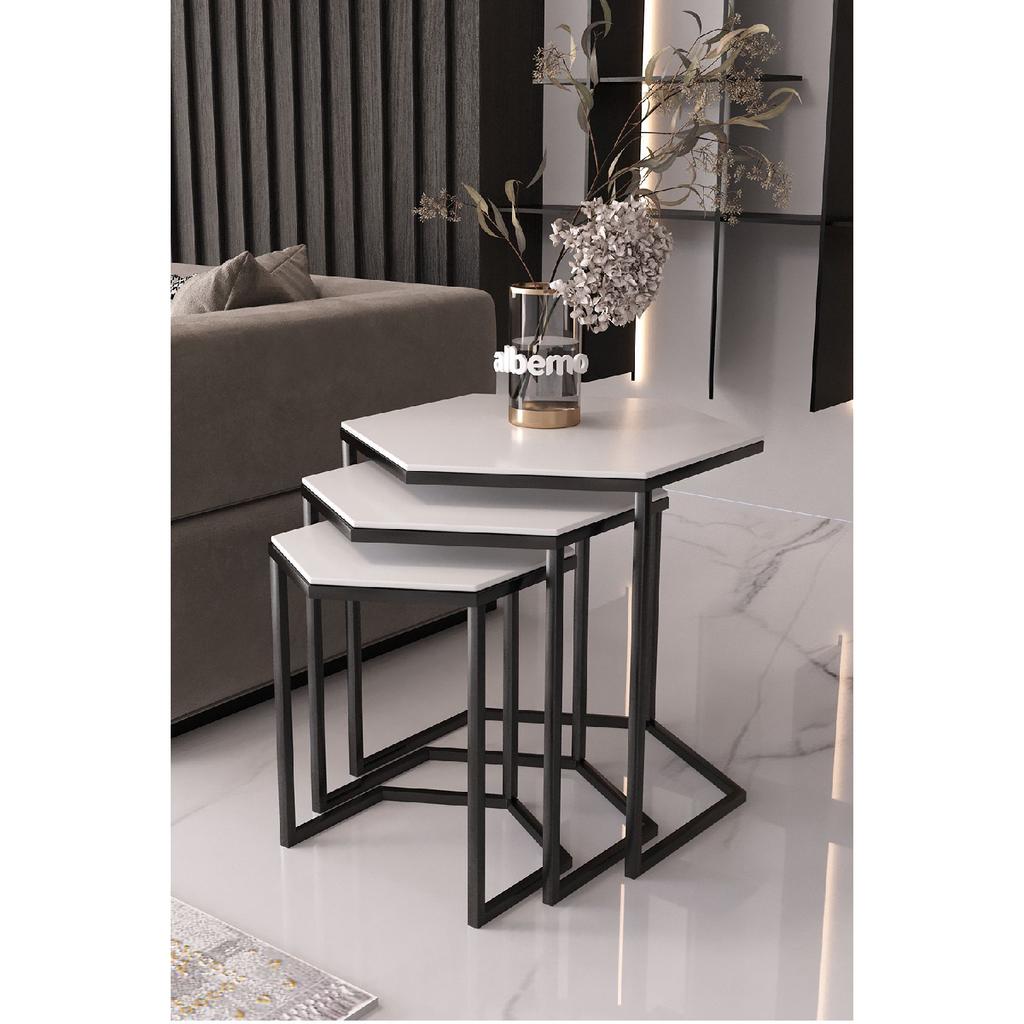 Master Hexagon Black Metal Black Glass 3-piece Nesting Table