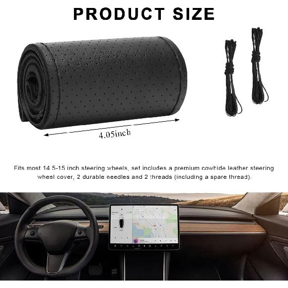 Genuine Leather Steering Wheel Cover, 15 Inches Breathable Stitch On Wrap Steering Wheel Cover, Anti-Slip Auto Wheel DIY Sewing Protector With Needle