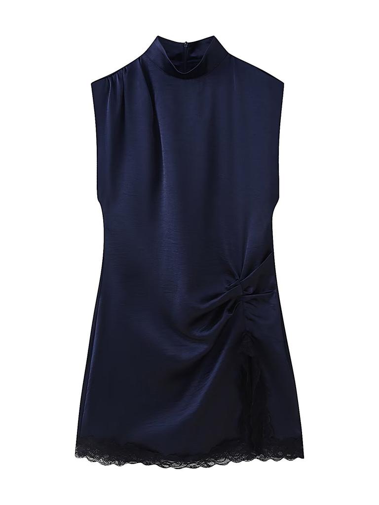 Popular spring new fashion lace splicing silk satin texture mini dress