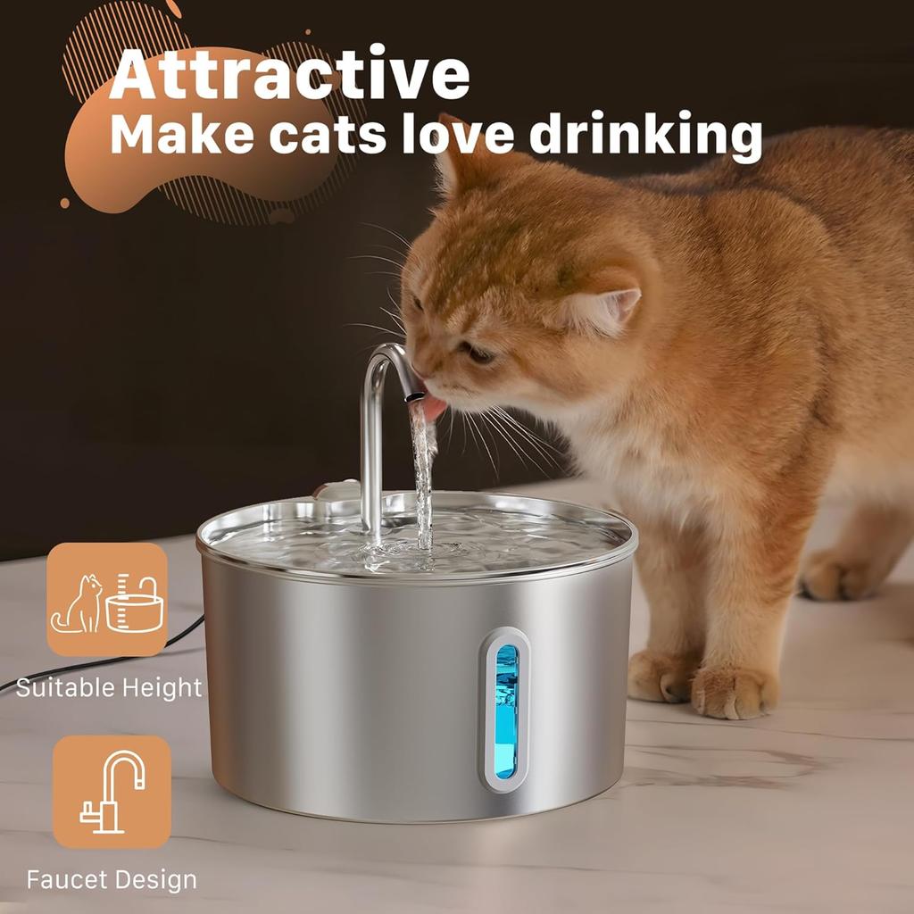 Cat Water Fountain Stainless Steel: 2.2 L Cat Fountain for Drinking - Automatic Pet Water Fountain for Cats Inside - Metal Cat Dog Water Dispenser