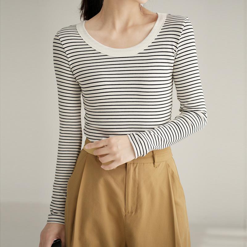 Pure Cotton T-shirt Women's Long-sleeved Striped Base Shirt In Autumn New Round Neck Slim and Versatile Top
