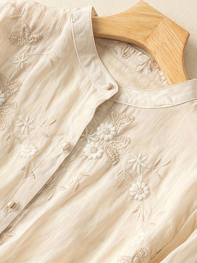 Button Front Floral Textured Blouse Vintage Three-quarter Sleeve Blouse for Spring & Fall Women's Clothing