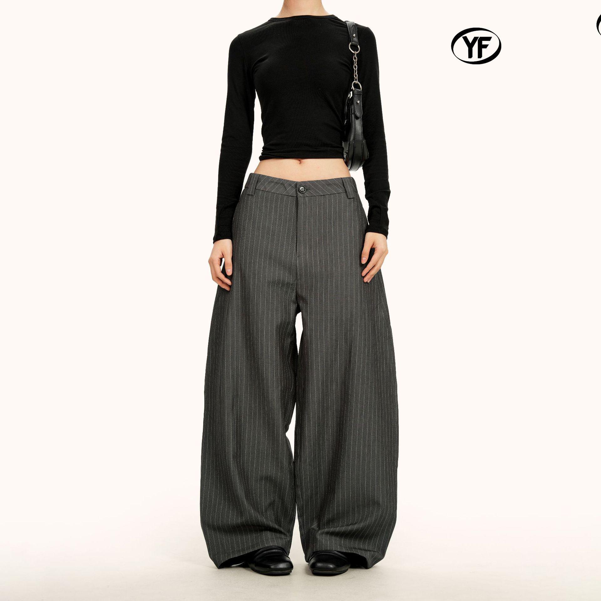 Yongfang Unisex Grey Striped Wide-Leg Casual Suit Pants M