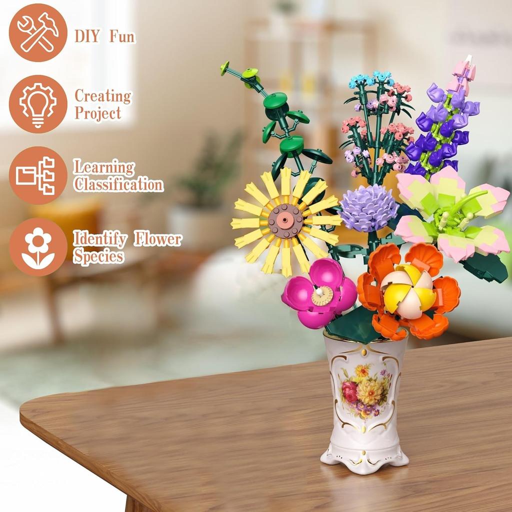 Flowers Bouquet Building Set, DIY Home Offic Botanical Bouquet Decoration Kit, Creative Gift for Women, Girls, Kids, Adults - Great for Birthdays,