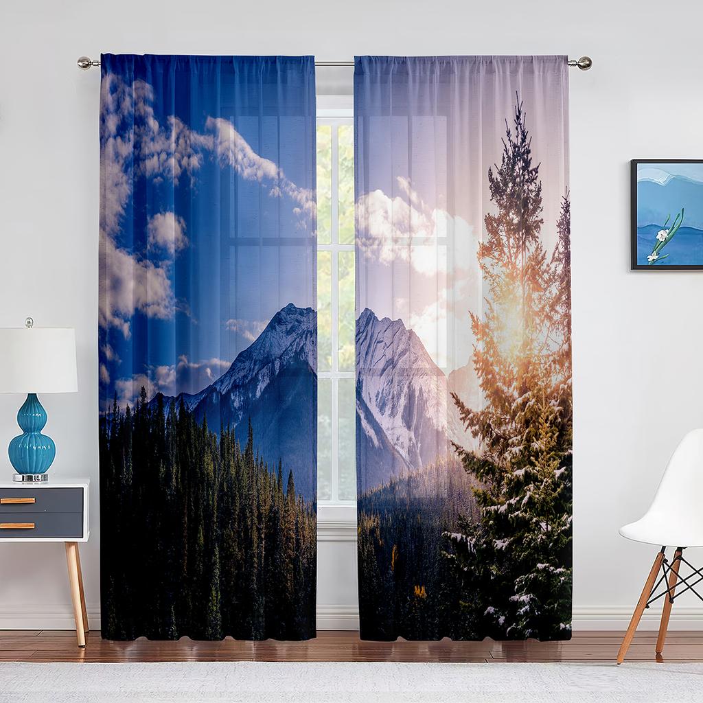 Autumn Mountains Forest Rivers Landscape Tulle Curtains for Living Room Decoration Chiffon Sheer Voile Kitchen Bedroom Curtain