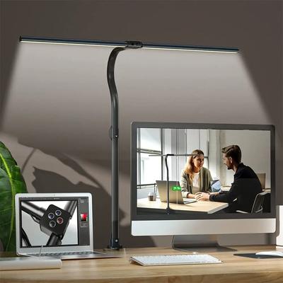 Lampă de birou de citire cu LED dublu cap 24W Lampă de birou cu braț oscilant pliabil cu clemă reglabilă pentru stație de lucru PC cu protecție ochilor birou