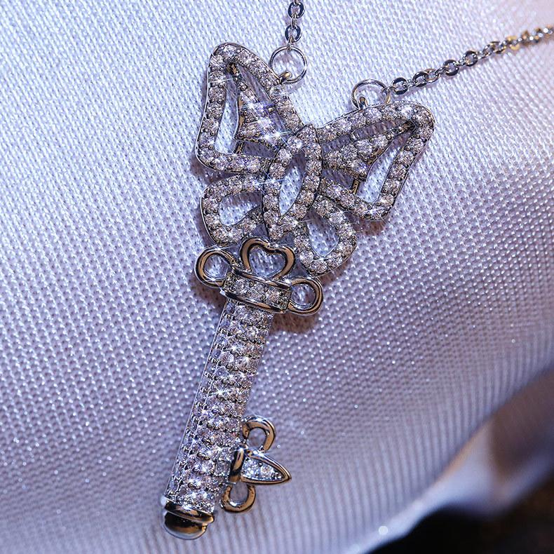 Silver Plated Butterfly Key Full CZ Pendant Necklace, Elegant Sparkling Cable Chain Necklace for Women