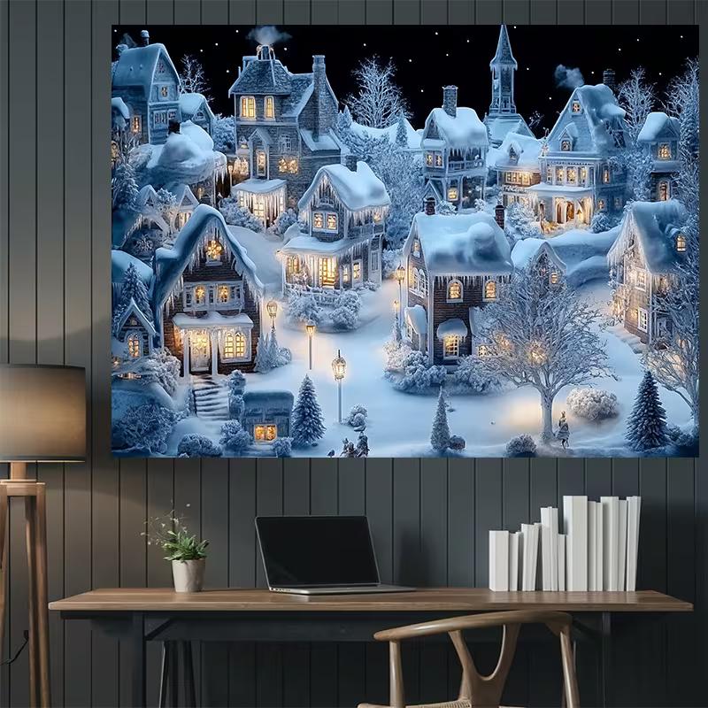 2D Flat Printing Christmas Backdrop, Snowy Houses & Street Lights Banner