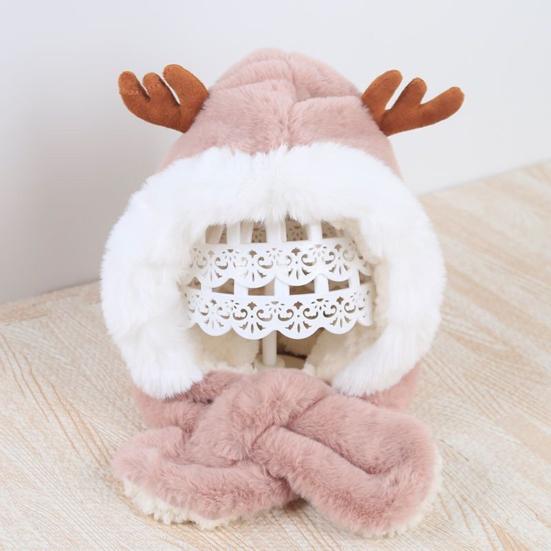 Children Hat With Scarf Design Antler Decoration Thickened Warm Plush Winter Hat