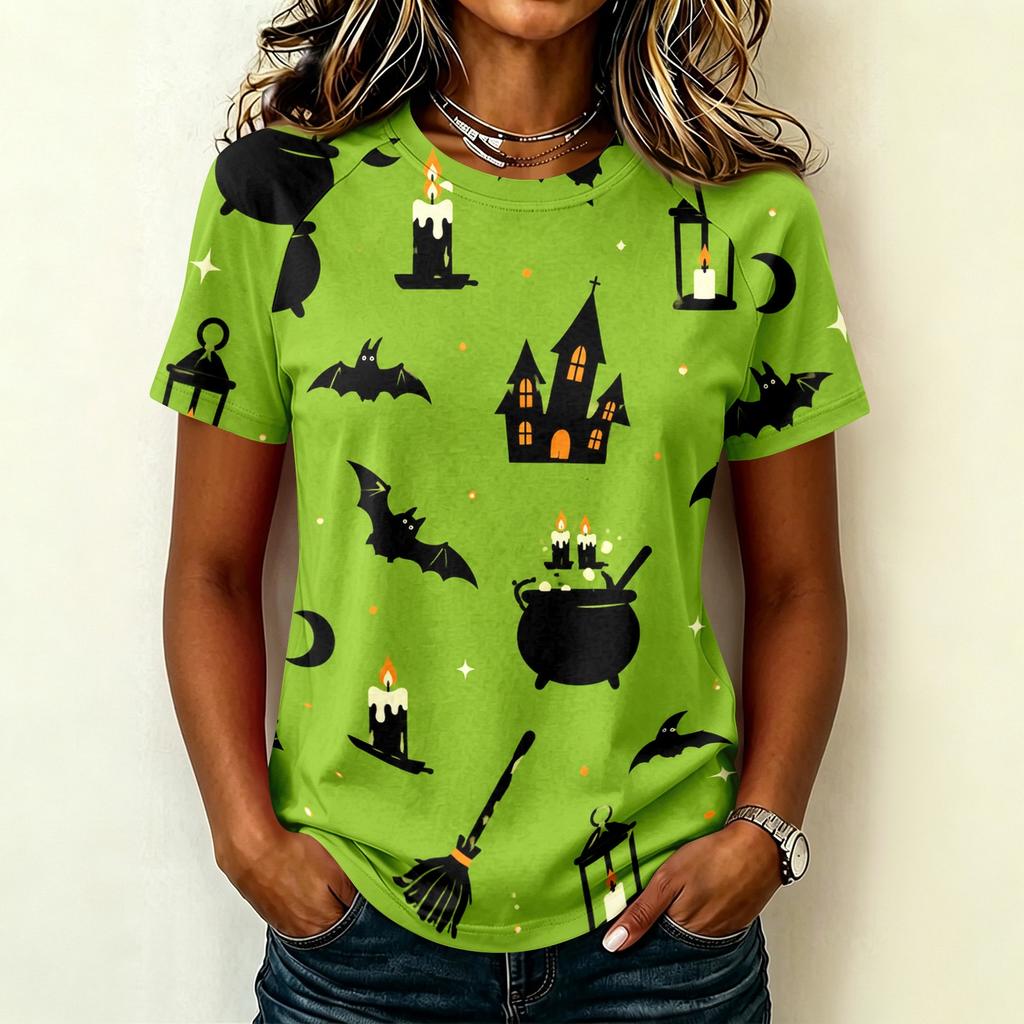 Women Raglan Sleeve Casual Short Sleeve Top Halloween Print Round Neck T Shirt Lightweight Comfortable Fit