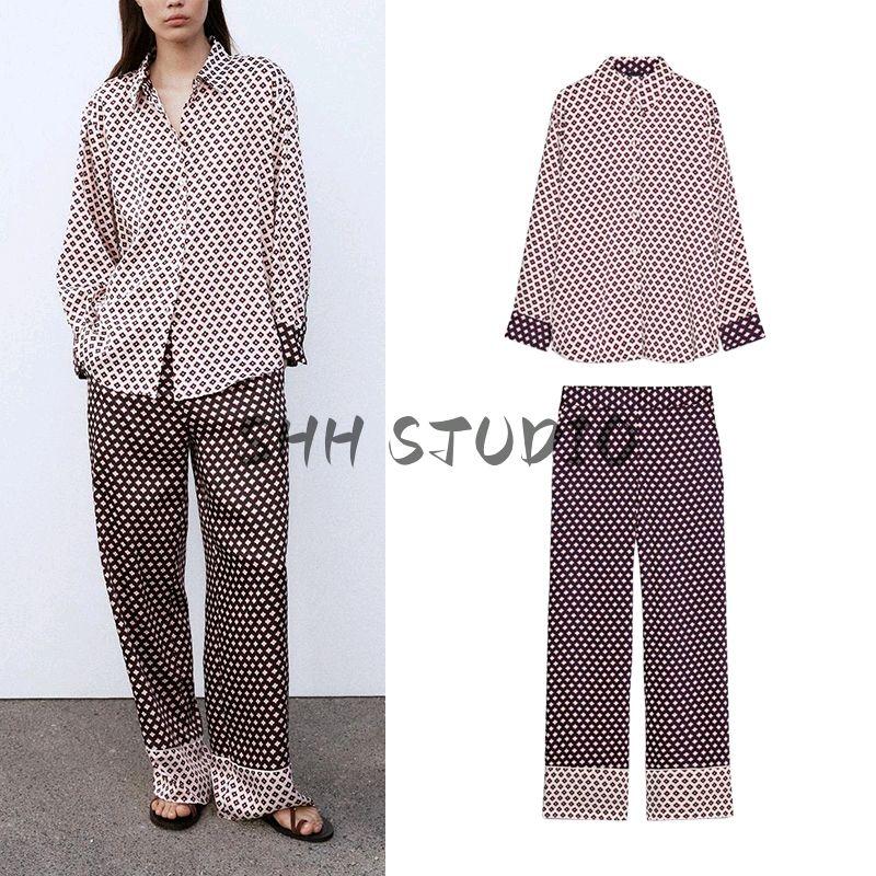 Spring New Women's Clothing Silk Satin Texture Shirt 2157039 Silk Satin Texture Printed Pants 2425578