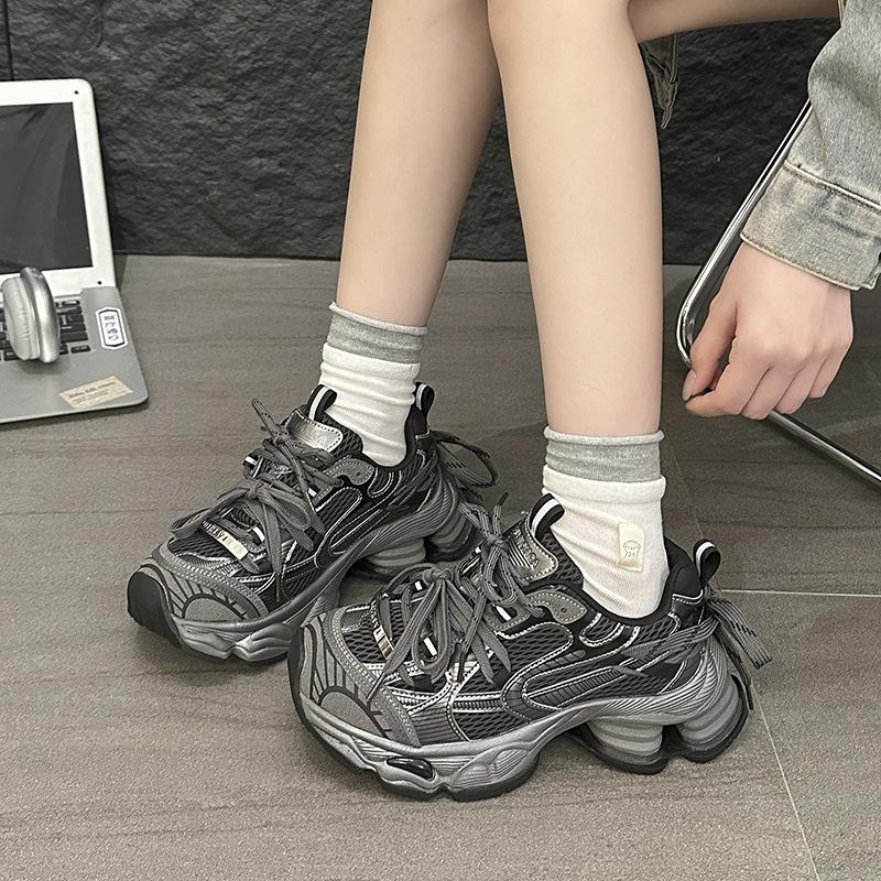 Thick-soled Heightening Paris Double-strap Contrasting Color Dad Shoes for Women 2025 Autumn and Winter New Shock-absorbing Sports and Leisure Shoes