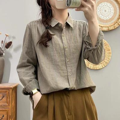 Vintage Striped Cotton Shirt for Women, Long Sleeve Retro Artistic Shirt, Versatile Blouse