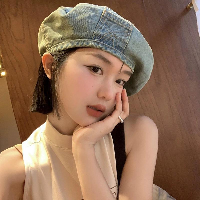 Vintage washed denim girl spring summer thin big head circumference bud painter hat showing face small beret