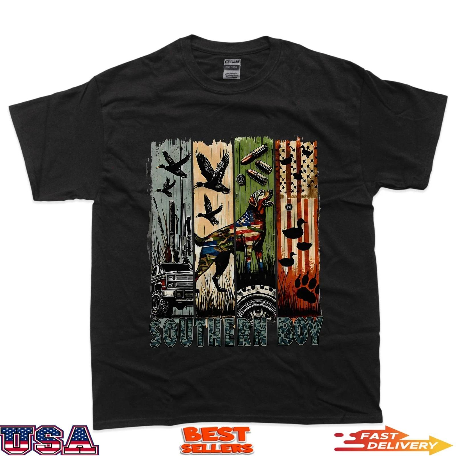Southern Boy Camo Hunting Duck Dog Patriotic USA Flag Boys T-Shirt XL