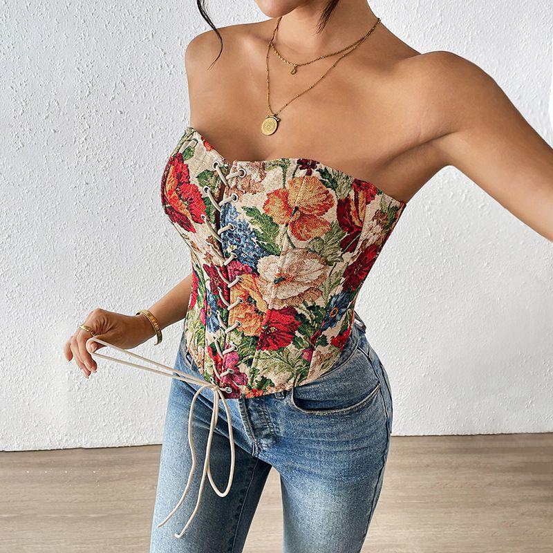 

Fishbone Cross-Border European, American and French Style Retro Tube Top Florals Print Slim-Fitting New Shoelace Street Chest Wrap Niche Style Vest Multi-color L