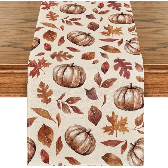 Artoid Mode Maple Leaves Pumpkin 210 GSM Fall Table Runner, Seasonal Harvest Autumn Kitchen Dining Table Decoration for Home Party Decor 13x60 Inch