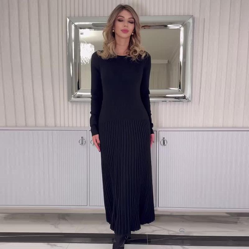 Rochie tricotată plisată, solidă, ușor matură, de toamnă 2024, pentru femei europene și americane