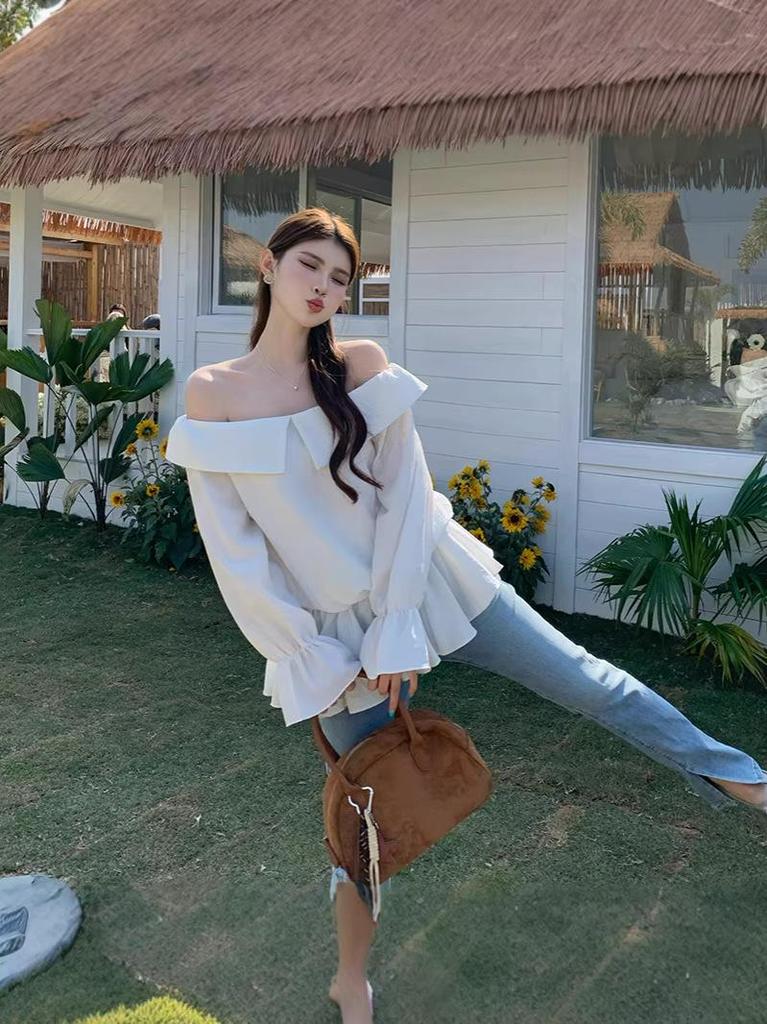 Plus Size Women's Spring One-Shoulder Sweet Korean Slimming Top