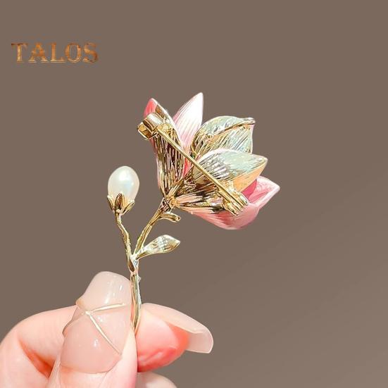 Magnolia Flower Brooch for Women Artificial Flower Pins Faux Pearl Enamel Badges Lapel Pins for Jackets Dresses Coats Accessories