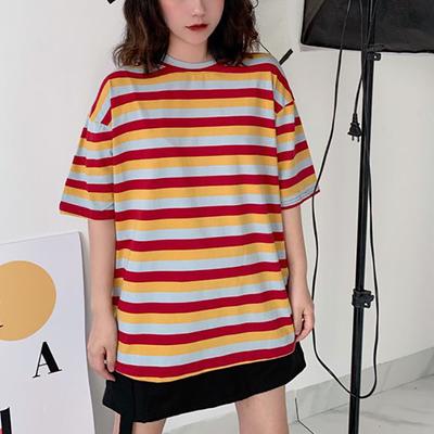 Nowy Letni Casualowy Luźny T-shirt z Krótkim Rękawem w Paski z Okrągłym Dekoltem Prosty i Wszechstronny Top Koszulka Bazowa dla Studentki