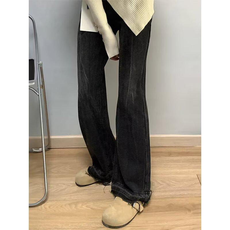 Women s High-Waisted Black-Gray Micro-Flared Jeans - 2024 Autumn Slimming Horseshoe Pants 4XL