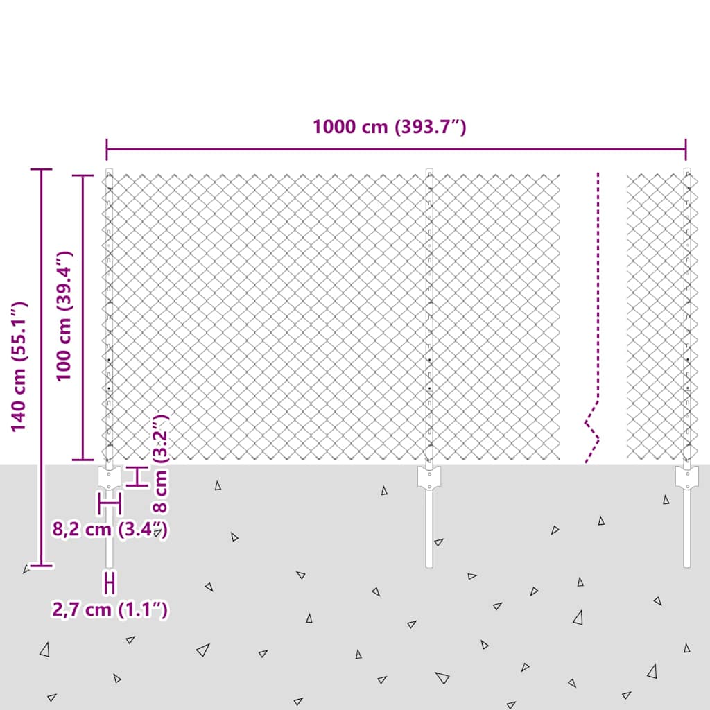Chain Link Fence with Posts 10 x 1 m (W x H) Hot Dip Galvanized Steel
