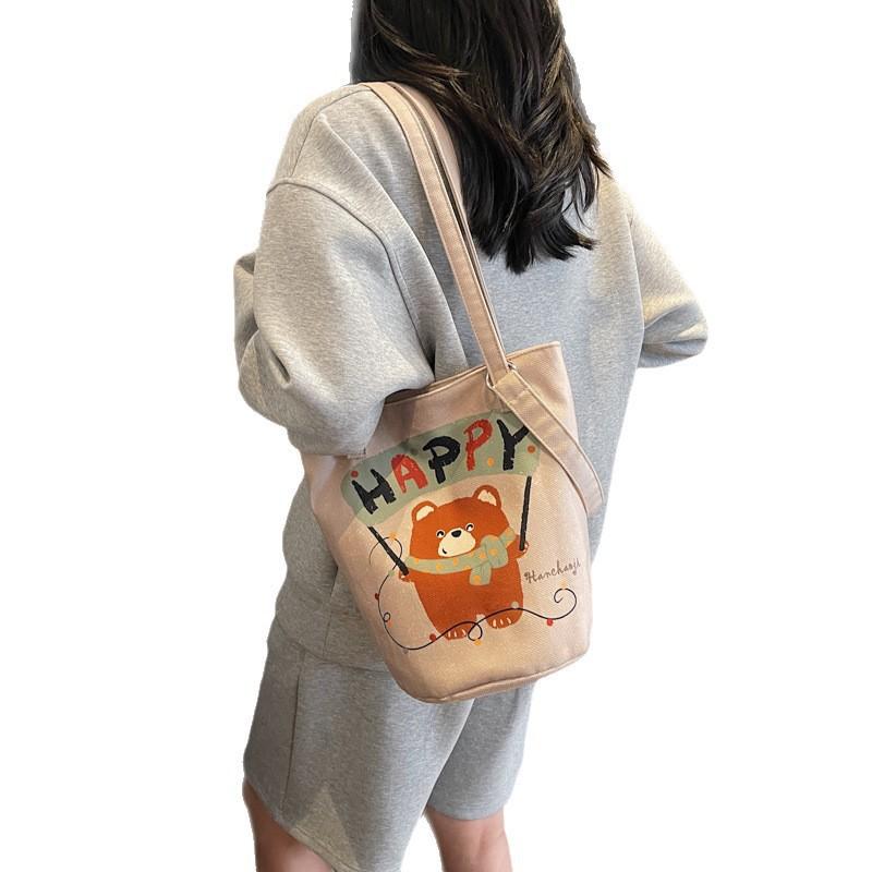 Cartoon Bucket Cloth Bag Women's Large Capacity Commuting Shoulder Cute Bear Armpit Casual Travel Handbag