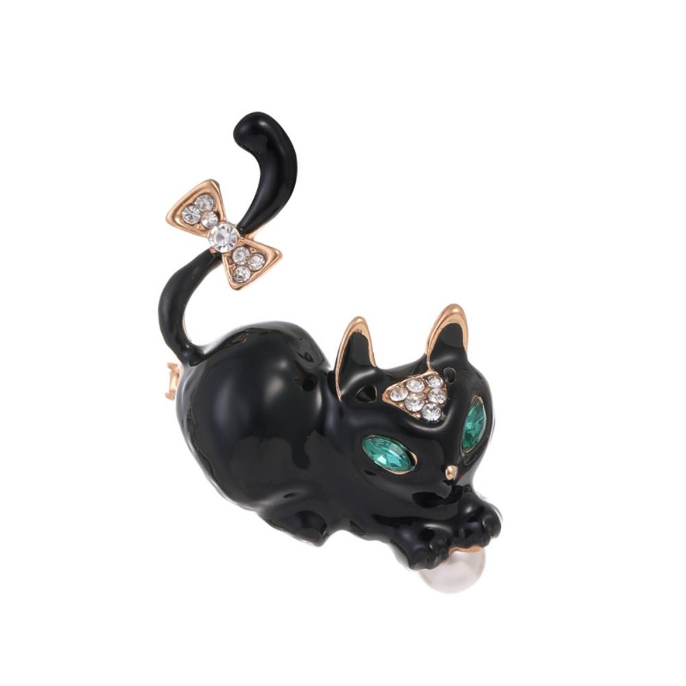 Cute Cat Enamel Pin Green Eyes Rhinestone Brooch Exquisite Cat Kitty Badge  Gift
