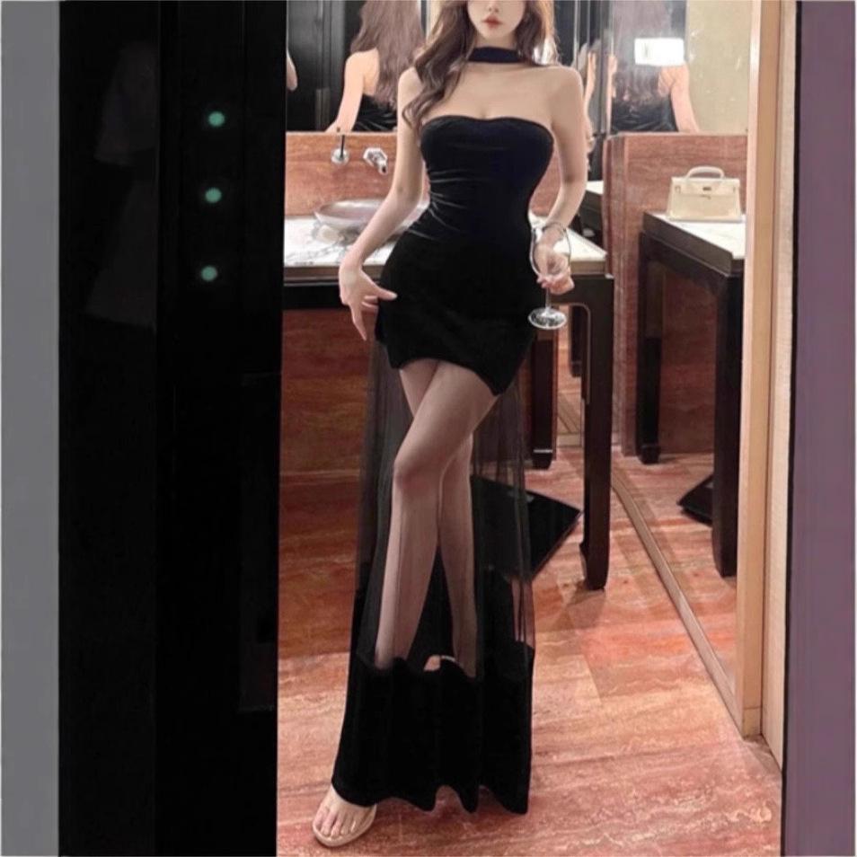 2026 Spice Girl Mesh Design Sense Solid Color Velvet Dress Women's Pure Birthday Party Dress Skinny Dress