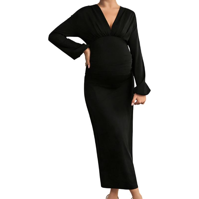 

European & American Maternity V-Neck Slim Fit Bodycon Dress - Autumn/Winter Long Sleeve Fashion EU/US Size M чёрный