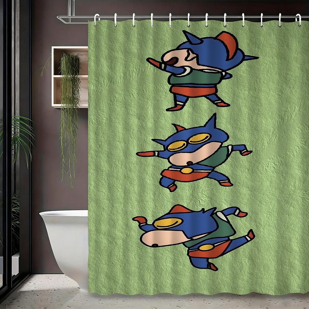 Crayon Shin-Chan & Friends School Uniform & Robot Statue Scene 2D Print Waterproof Shower Curtain, Blue & Yellow Bathroom Decor