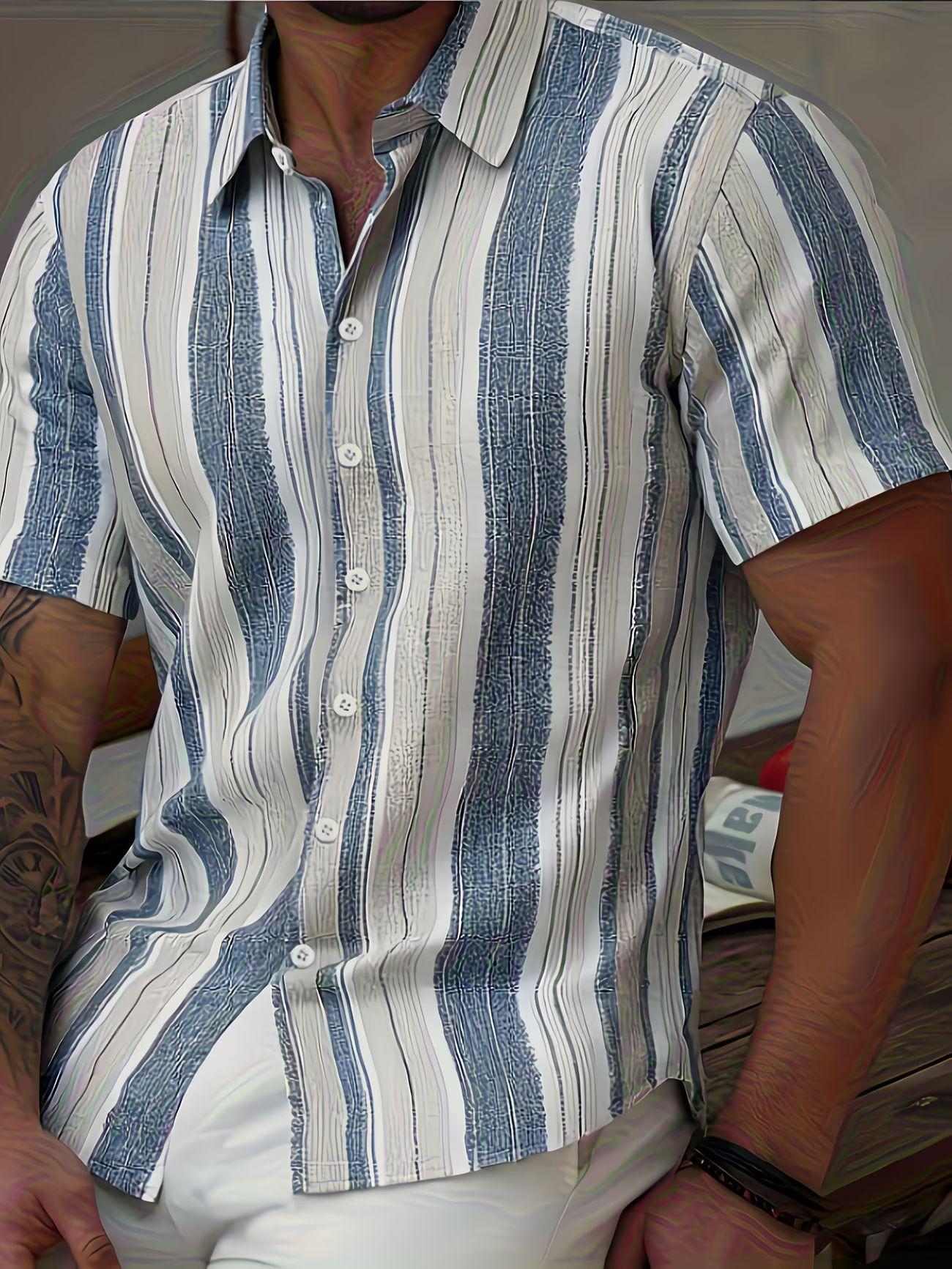 Men S Youth Striped Short Sleeve Casual Stretch Shirt M синий