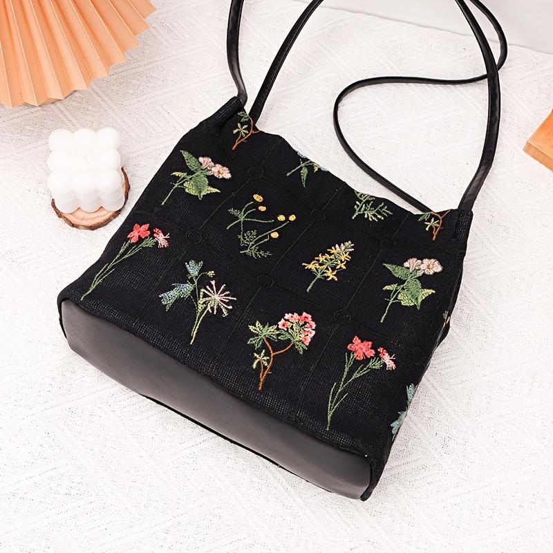 

Floral Embroidery Shoulder Bag Vintage Daily Bucket Bag Fashion Handbags For Women Black Embroidery