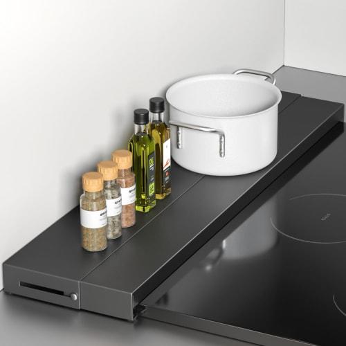 TKUIN Exhaust Vent Cover, Extendable Depth 10-17cm, Rack-Type Stove Cover, Flat 60cm, Grill Cover, Oil Splash Guard, Stovetop Rack, Compatible with IH