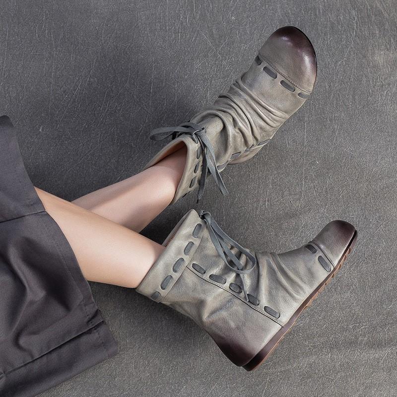 Fashion GKTINOO 2025 Autumn/Winter New Genuine Leather Pleated Round Toe Short Boots Retro Soft Soled Versatile Women's Shoes
