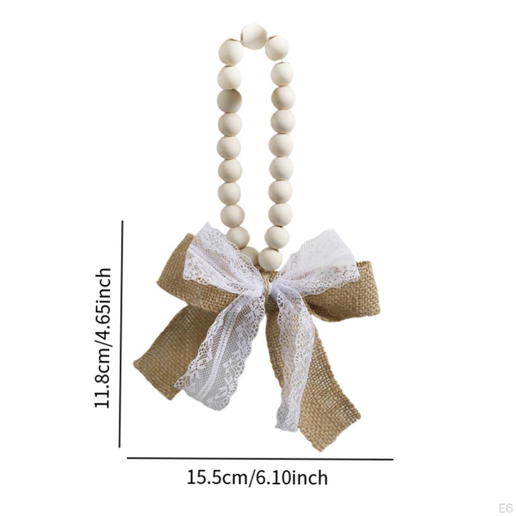Wood Bead Pendant Home Decor Farmhouse Decorative with Linen Bow Hanging Ornament for Room