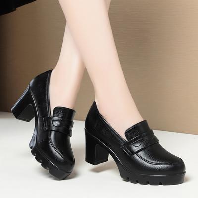 Komfort Mode Tiefer Mund Weiches Leder Damen Plateau-Schuhe Elegante Schwarze Block High Heels Schuhe Einzelner Schuh für Büro Damen
