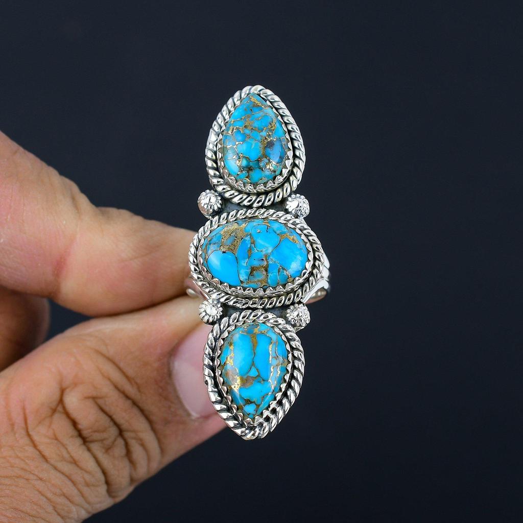 Blå Koppar Turkos Ädelsten Solid 925 Sterling Silver Tre Stenar Handgjord Statement Ring Smycken