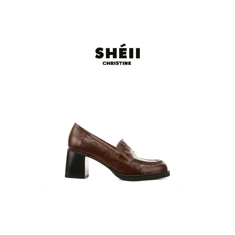 Cowhide~ 7cm Thick-heeled British Leather One-pedal Lazy Women's High-heeled Small Leather Shoes