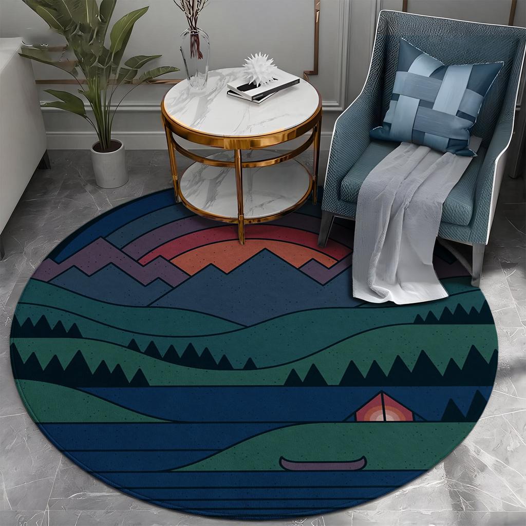 Bohemian Round Area Rug for Living Room Decor Modern Nature Landscape Boho Mountain Sunset Geometric Floor Mat Cushion Rug