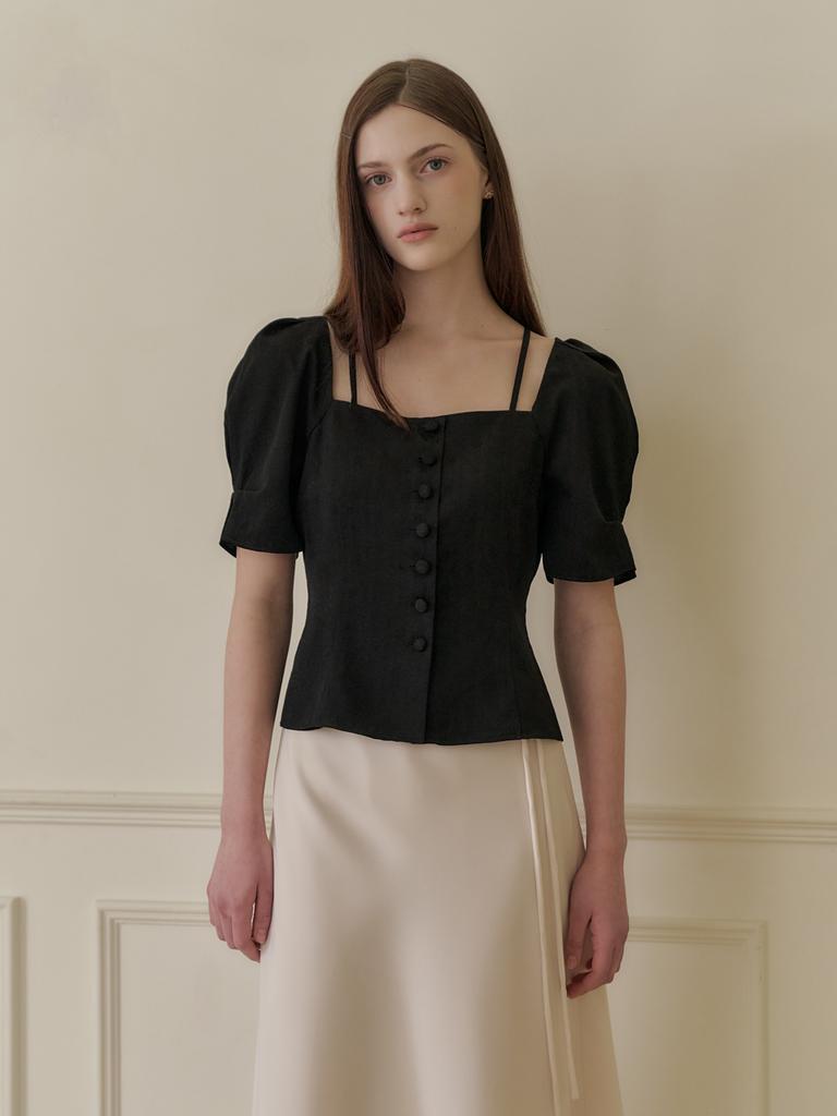 Peulomdeimomeonteu Satin Strap Button Blouse_Black