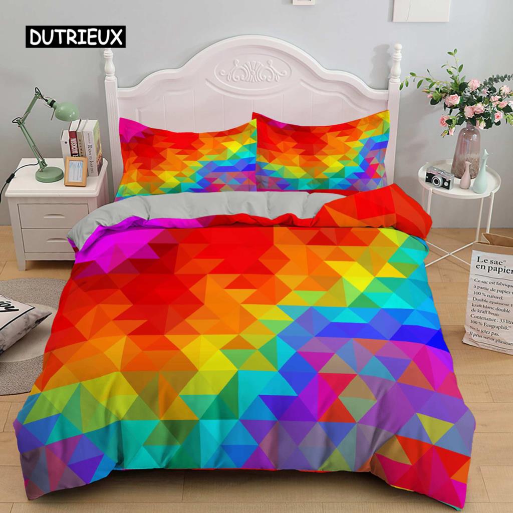 Multicolor Duvet Cover Set Colorful Hearts Queen Size Bedding Set for Teen Microfiber Geometric Cartoon Love Heart Quilt Cover
