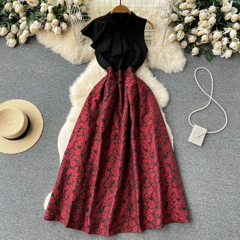 

Fresh Patchwork High Waist Three-Dimensional Dress Flowers Red L