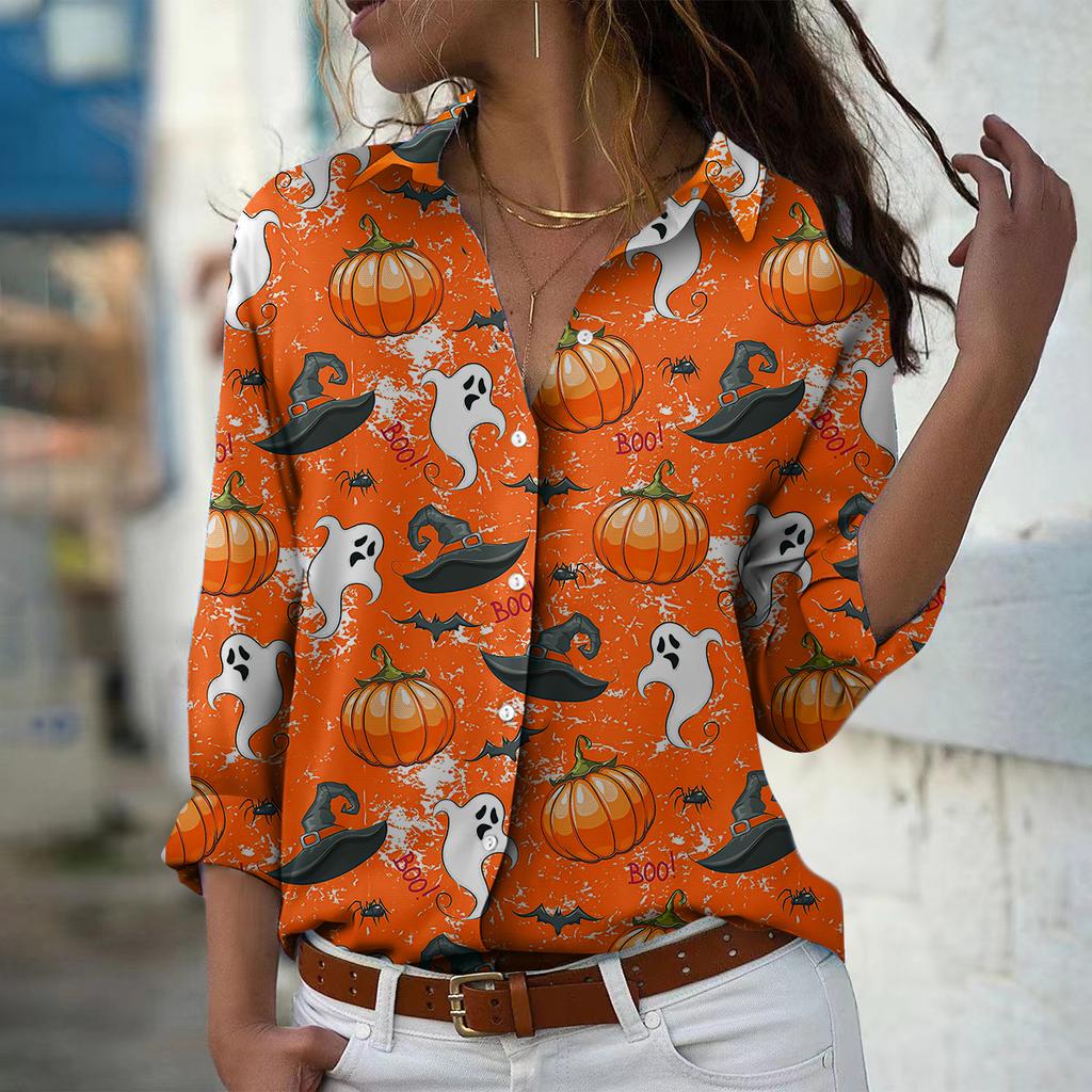 Halloween Print Women Blouse Spring Autumn Femme Office Lady Button Up Turn Down Collar Shirts